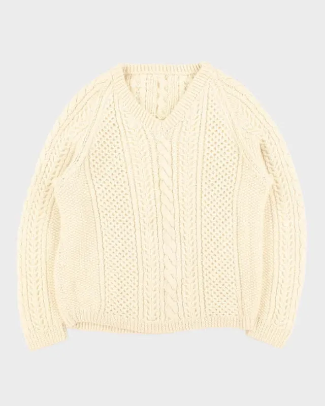 Vintage 1990s Chunky Wool Cable Knit V-Neck Knit Jumper - L sold by Rokit