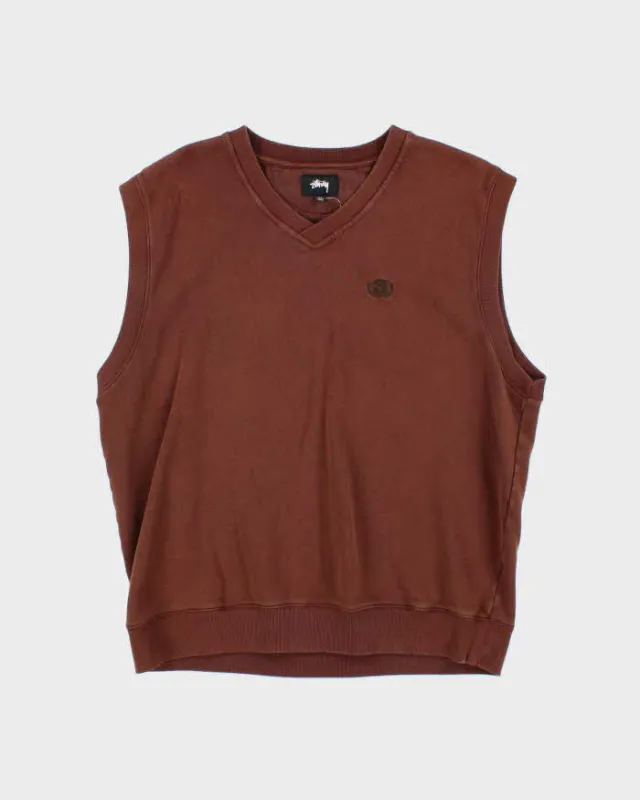 Vintage Stussy Brown Boxy V-Neck Sweater Vest - XL sold by Rokit