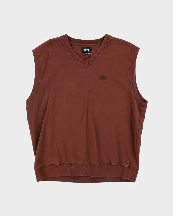 Vintage Stussy Brown Boxy V-Neck Sweater Vest - XL sold by Rokit