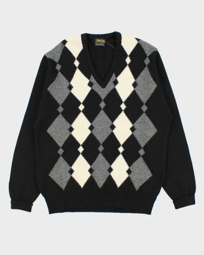 Vintage 1990s Johnstons Of Elgin Scottish Lambswool V-Neck Argyle Knit Jumper - XL sold by Rokit