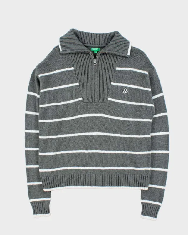 Vintage 00s Benetton Striped Quarter-Zip Funnel Knit Jumper - M sold by Rokit