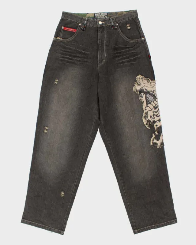 Deadstock With Tags Vintage Y2K 00s Black Dragon Dog Town Embroidered Wide Leg Jeans - W32 L32 sold by Rokit