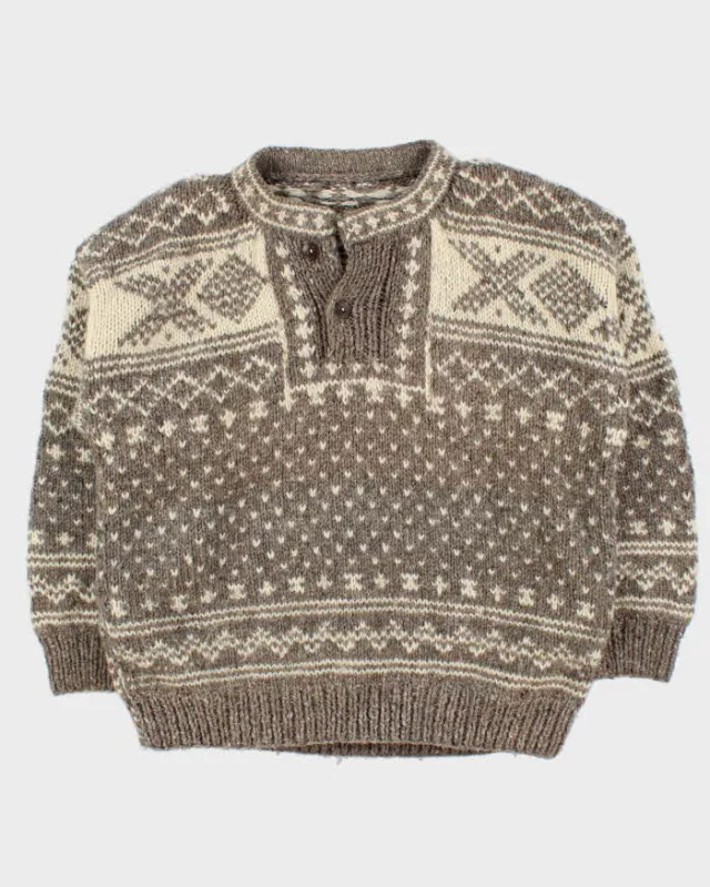 Vintage 1980s Chunky Nordic Wool Collared Hand Knit Jumper - L sold by Rokit