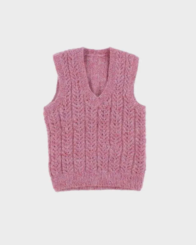 Vintage 1990s Women's Hand Knit Cable Mohair Wool Chunky Sweater Vest - XS made by Rokit