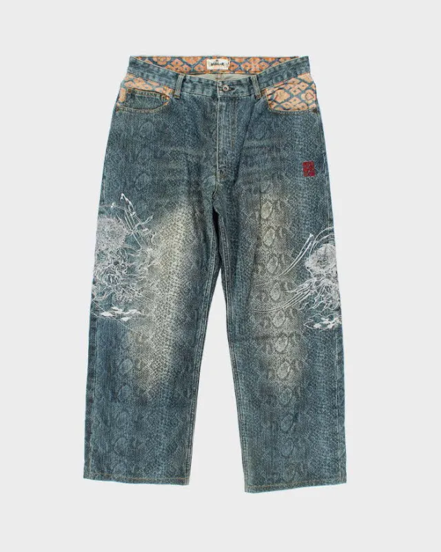 Vintage Y2K 00s Karakuri Tamashii Embroidered Python Denim Wide Leg Jeans - W36 L26 sold by Rokit