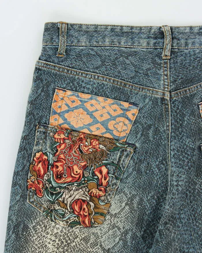 Vintage Y2K 00s Karakuri Tamashii Embroidered Python Denim Wide Leg Jeans - W36 L26 sold by Rokit product image thumbnail 4