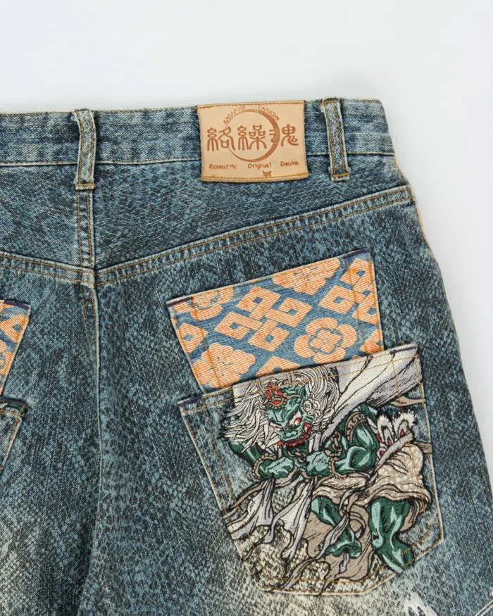 Vintage Y2K 00s Karakuri Tamashii Embroidered Python Denim Wide Leg Jeans - W36 L26 sold by Rokit product image thumbnail 3