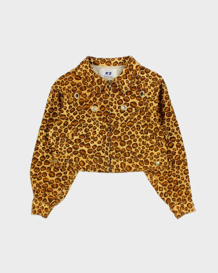 Vintage 90s K2 Leopard Print Eyelet Detail Cropped Denim Jacket - S sold by Rokit