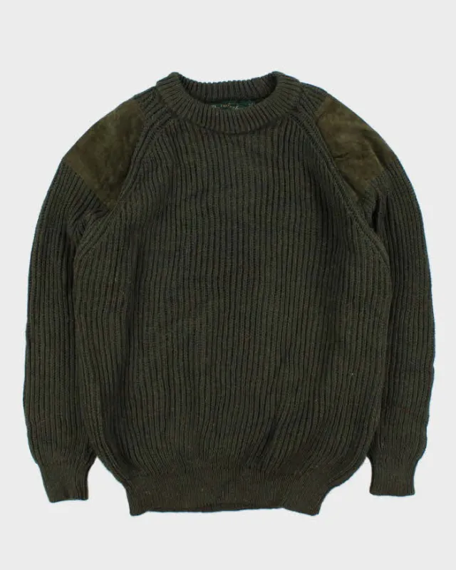Vintage 00s Woolyback Pure New Wool Made In England Suede Patched Chunky Ribbed Knit Jumper - XL sold by Rokit