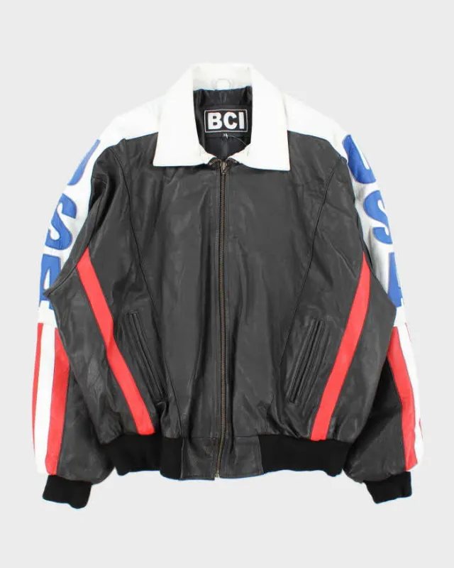 Vintage 1990s USA Spell-Out Flag Leather Collared Bomber Jacket - XL sold by Rokit