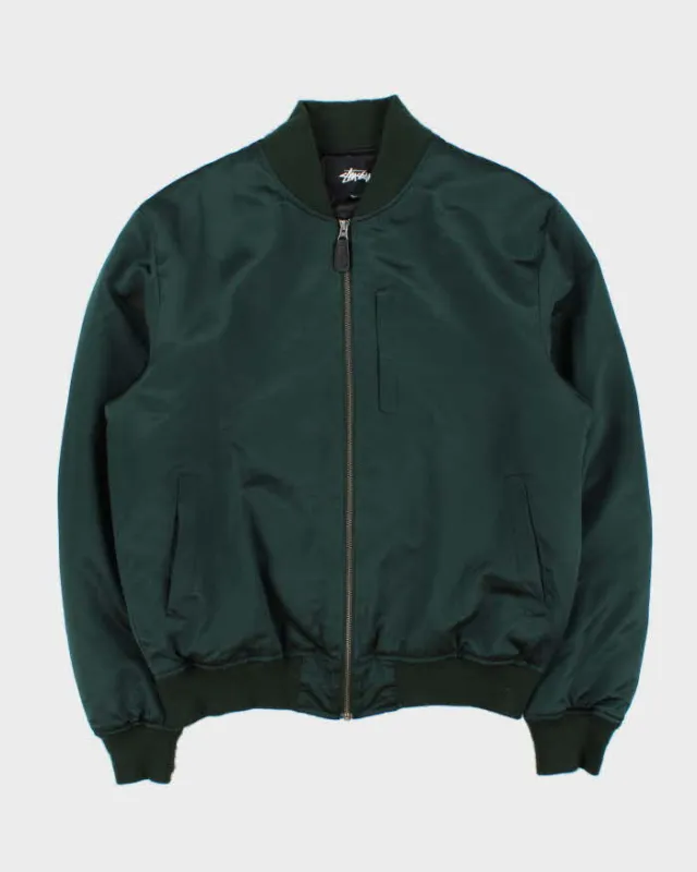 Vintage Stussy Emerald Green Quilt Lined Satin Varsity Bomber Jacket - L sold by Rokit