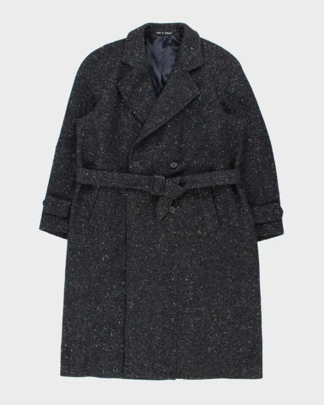 Vintage 1990s Pure Wool Made In England Speckled Herringbone Double Breasted Belted Overcoat - L sold by Rokit