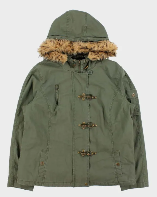 Vintage Y2K 00s Khaki Faux Fur Hooded Boxy Fireman Clasp Parka Jacket - M sold by Rokit