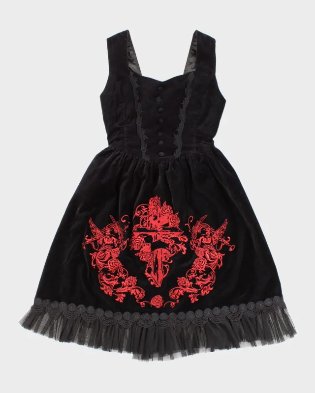 Velvet Embroidered Back Laced Vampire-core Skater Dress - S sold by Rokit