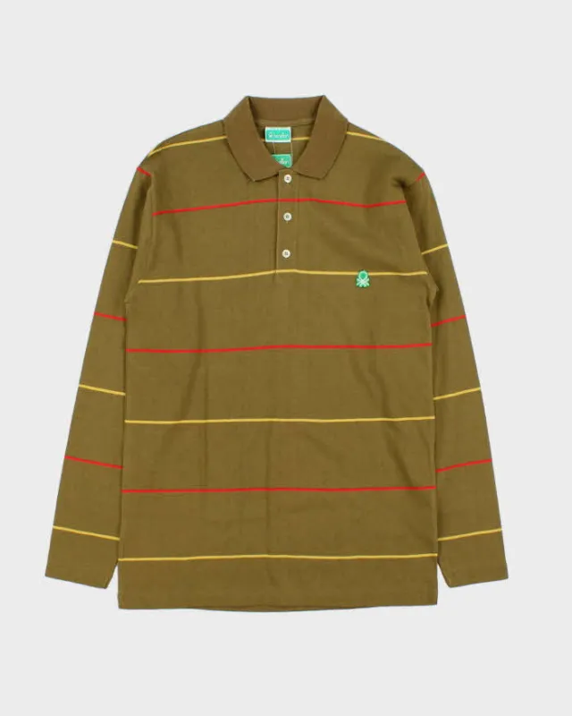 DSWT Vintage 1980s Benetton Khaki Striped Tennis Long Sleeve Polo Shirt - S made by United Colors Of Benetton