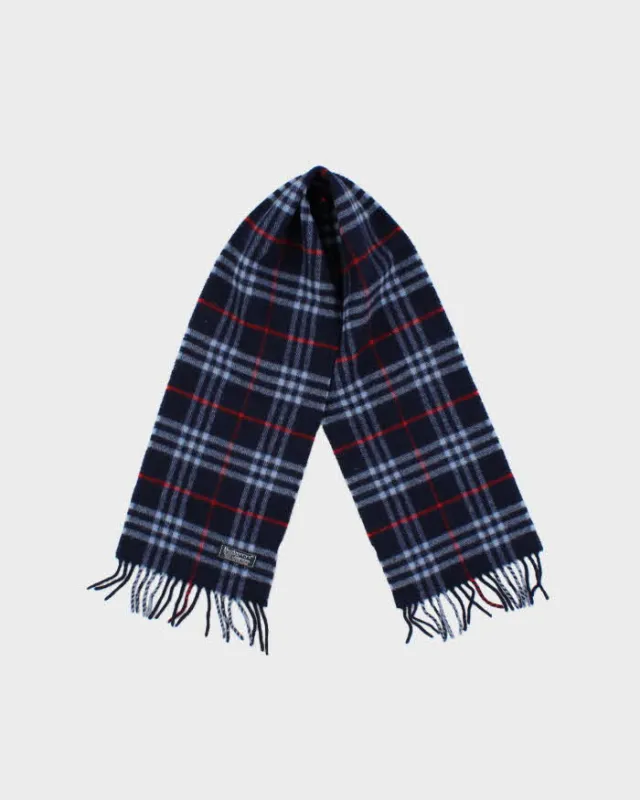 Vintage 1990s Burberry Navy Nova Check Lambswool Fringed Unisex Scarf made by Burberry