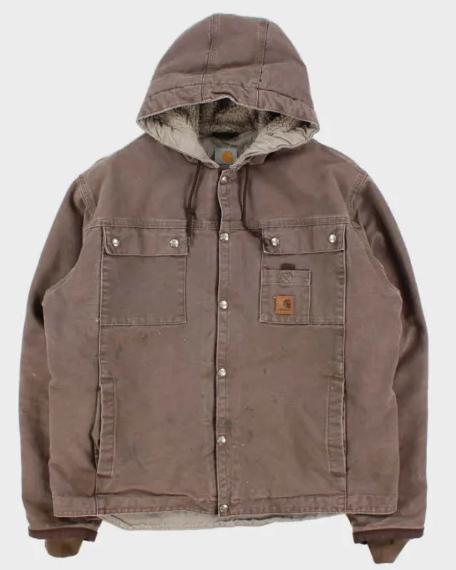 Vintage Carhartt J284 Firewood Multi Pocket Sandstone Sherpa Lined Duck Canvas Distressed Hooded Workwear Jacket - L made by Carhartt