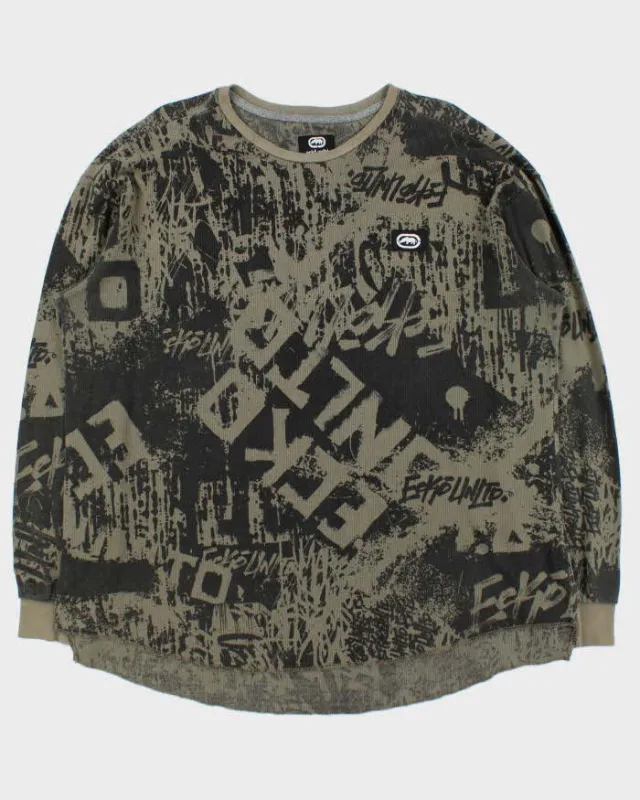 Vintage Y2K 00s Ecko UNLTD Khaki Graffiti Long Sleeve Waffle T-Shirt - XXL made by Ecko Unlimited