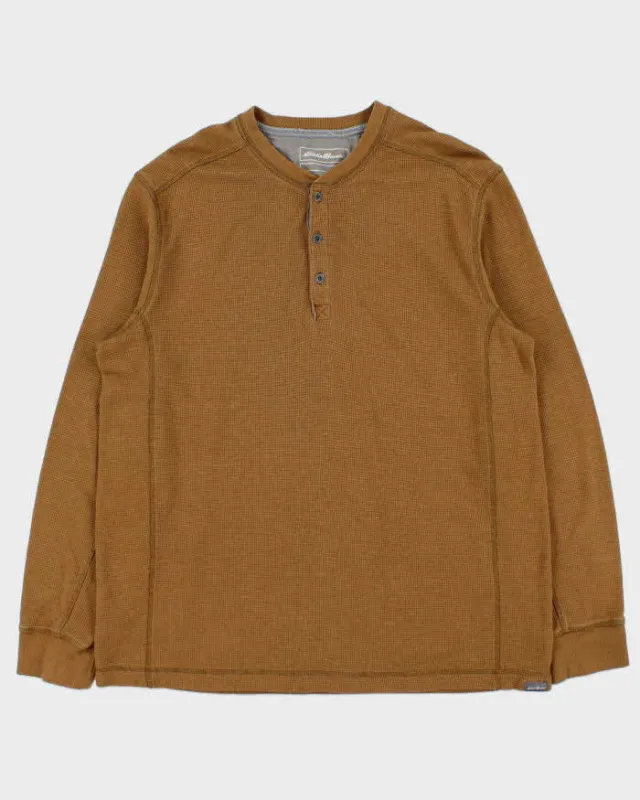 Vintage Eddie Bauer Heavyweight Tan Long Sleeve Henley Waffle T-Shirt - L made by Eddie Bauer
