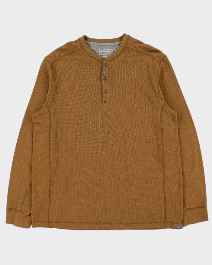 Vintage Eddie Bauer Heavyweight Tan Long Sleeve Henley Waffle T-Shirt - L sold by Rokit