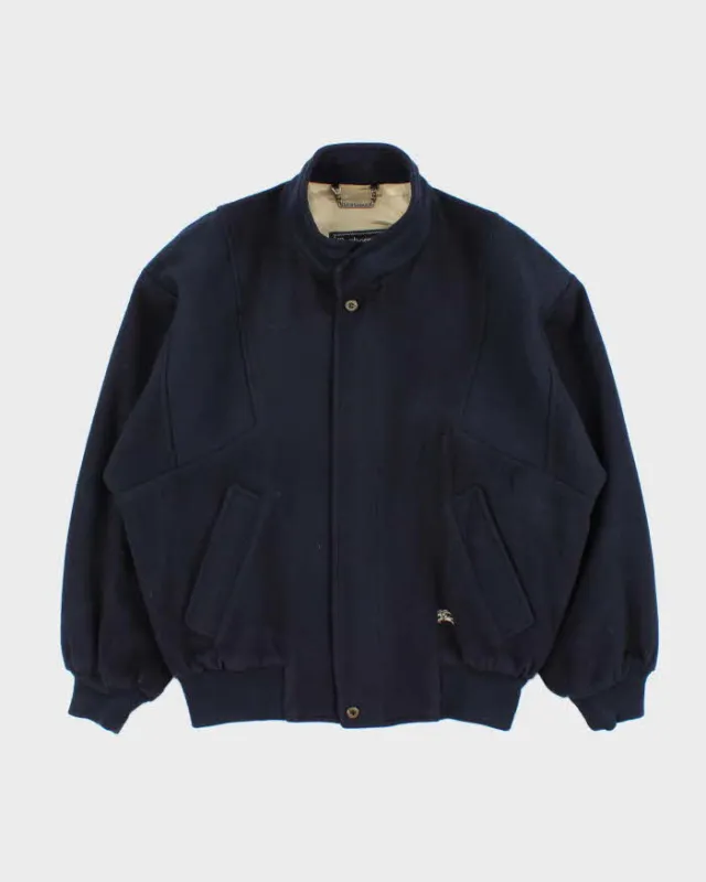 Vintage 1980s Burberry Navy Pure Wool Satin Lined Bomber Jacket - S sold by Rokit