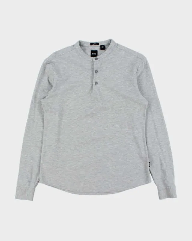Vintage Hugo Boss Marl Grey Slim Fit Mercerised Long Sleeve Henley T-Shirt - S sold by Rokit