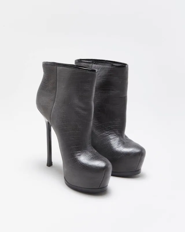 Vintage Y2K 00s Yves Saint Laurent Tribtoo Embossed Tejus Nubuk Leather Platform High Heel Boots - UK3.5 sold by Rokit