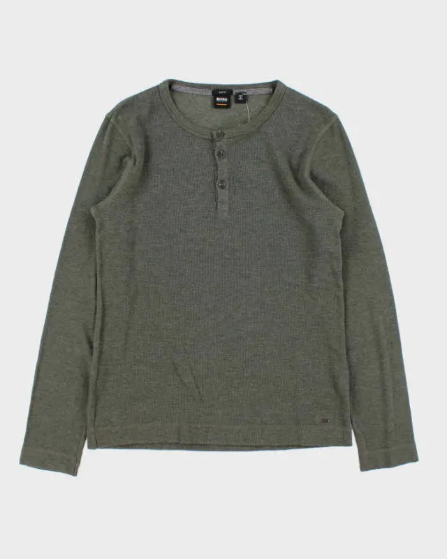 Vintage Hugo Boss Khaki Slim Fit Long Sleeve Henley Waffle T-Shirt - M made by Hugo Boss