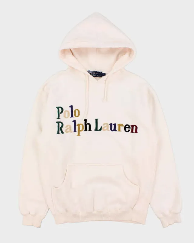 Vintage Early 1990s Polo Ralph Lauren Indonesia Embroidered Spell Out Pale Pink Pullover Hoodie - L sold by Rokit