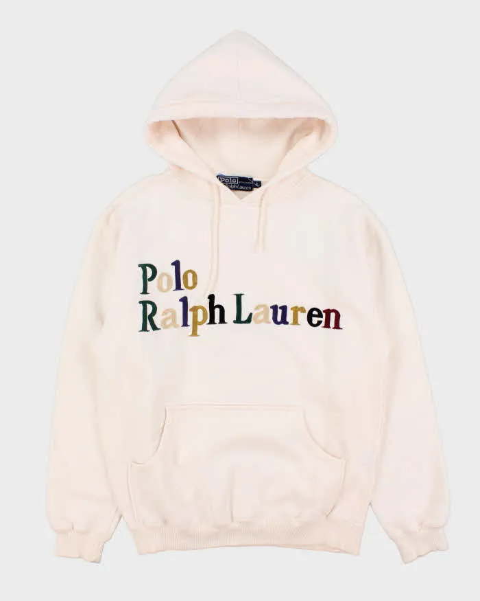 Vintage Early 1990s Polo Ralph Lauren Indonesia Embroidered Spell Out Pale Pink Pullover Hoodie - L sold by Rokit