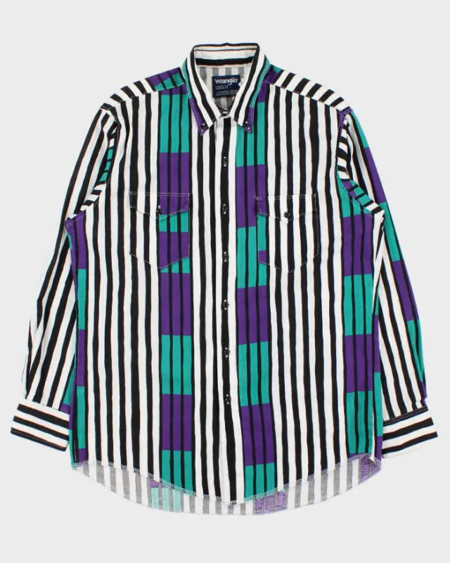 Vintage 1990s Wrangler Striped Long Sleeve X-Long Tail Long Sleeve Shirt - L made by Wrangler