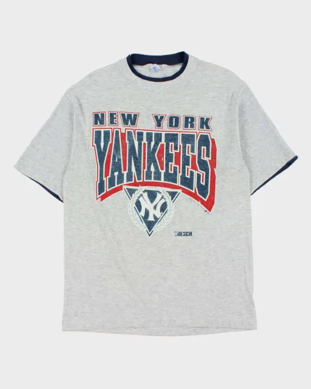 Vintage 1991 New York Yankees MLB Marl Grey Mock Layer Made In USA Single Stitch Trench Crewneck T-Shirt - L sold by Rokit
