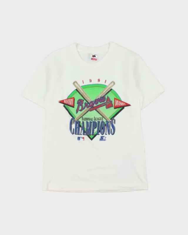 Vintage 1991 Atlanta Braves MLB National Champions Made In USA Single Stitch Crewneck T-Shirt - S made by Fruit of the Loom