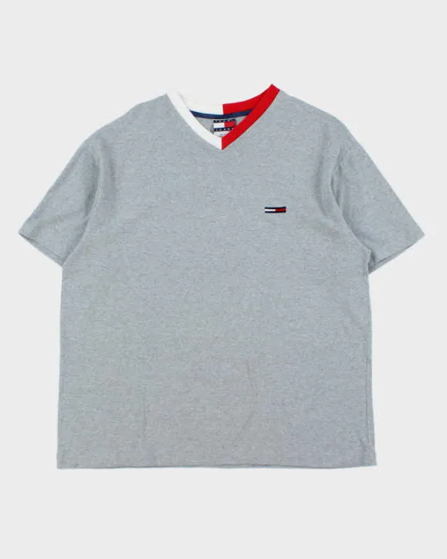 Vintage 1990s Tommy Hilfiger Embroidered Grey Marl V-Neck T-Shirt - M made by Tommy Hilfiger