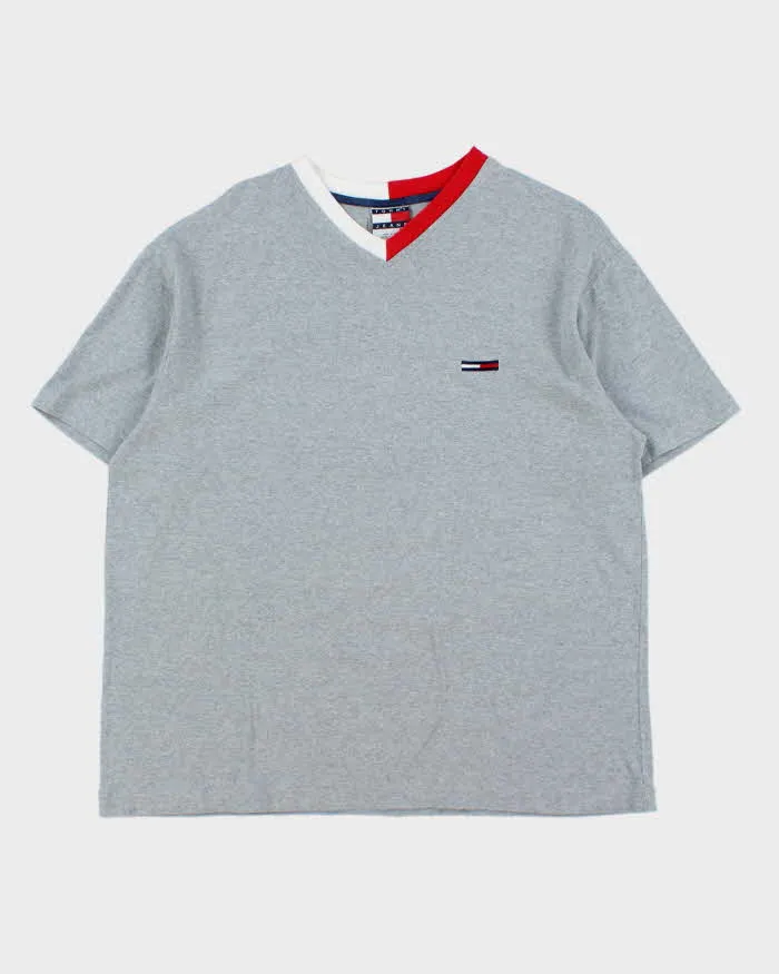 Vintage 1990s Tommy Hilfiger Embroidered Grey Marl V-Neck T-Shirt - M sold by Rokit
