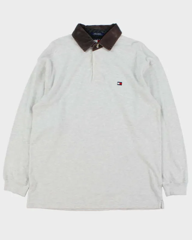 Vintage 1990s Tommy Hilfiger Grey Marl Corduroy Collared Heavyweight Long Sleeve Polo Shirt - L sold by Rokit