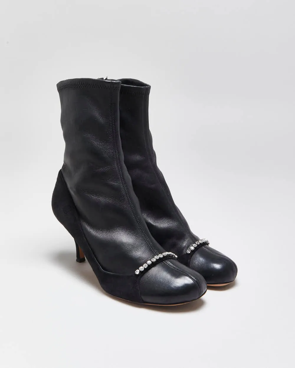 Fall2022 Valentino Garavani Women's Crystal-Embellished Stretch Leather & Suede Mid Heel Sock Boots - UK4 sold by Rokit