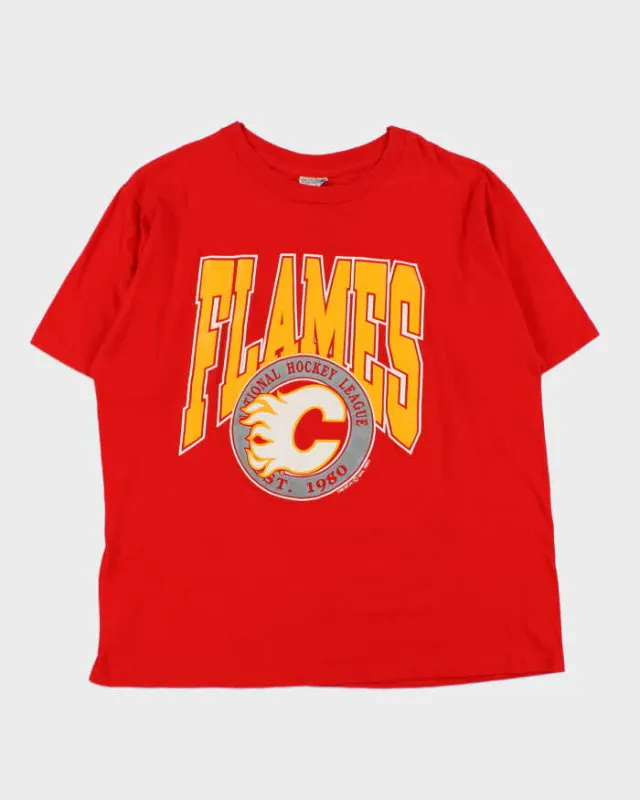 Vintage 1990 Calgary Flames NHL Single Stitch Trench Crewneck T-Shirt - XL made by Rokit