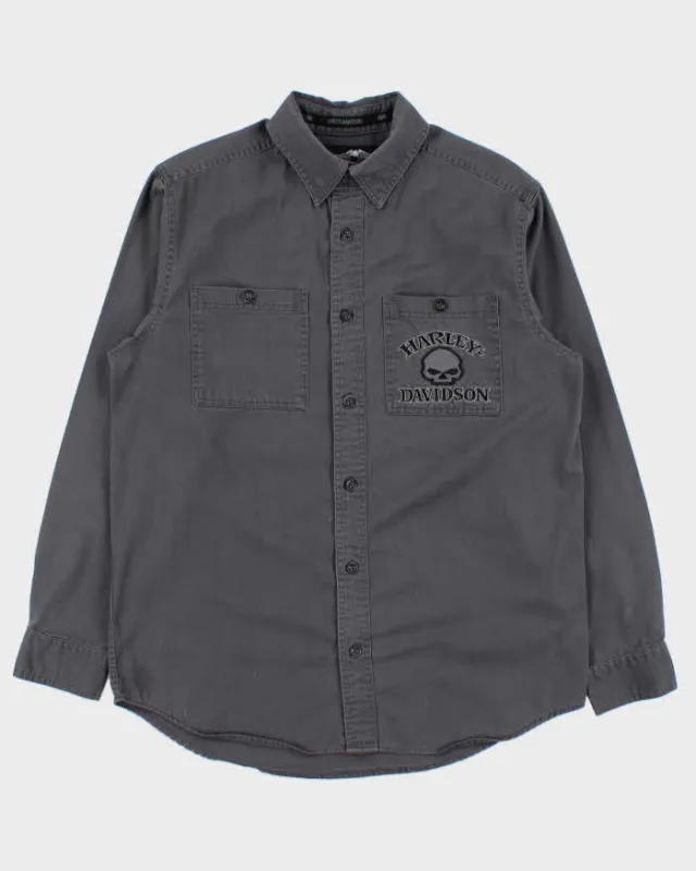 Vintage Harley Davidson Embroidered Long Sleeve Denim Biker Shirt - M sold by Rokit