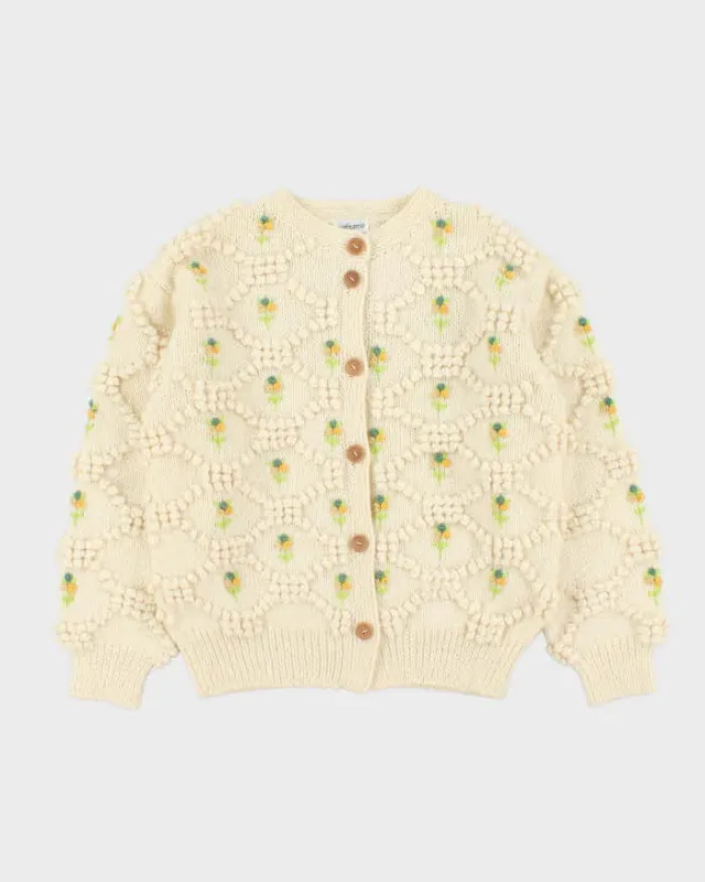 Vintage Franse Chunky Knit Applique Flower Wool Cardigan - M made by Rokit