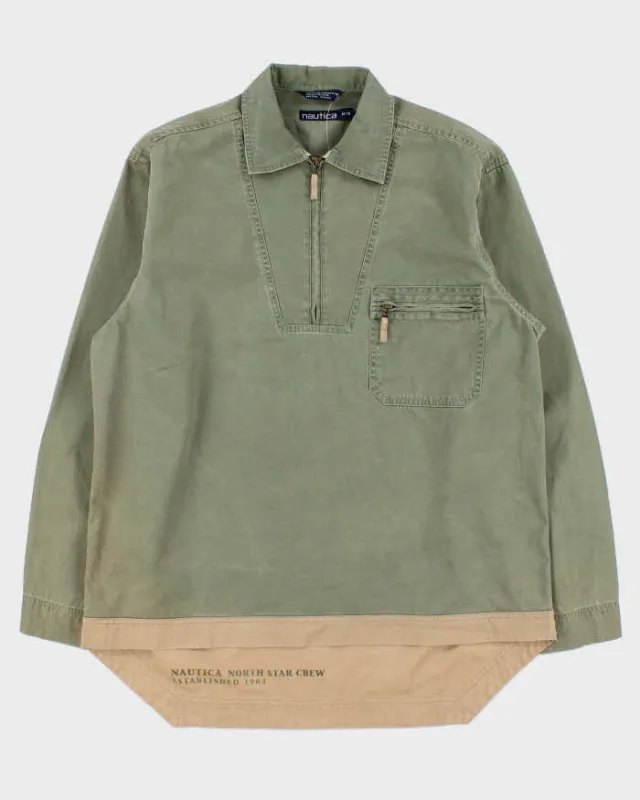 Vintage Y2K 00s Nautica Khaki Quarter-Zip Canvas Oversized Pullover Shirt - M made by Nautica