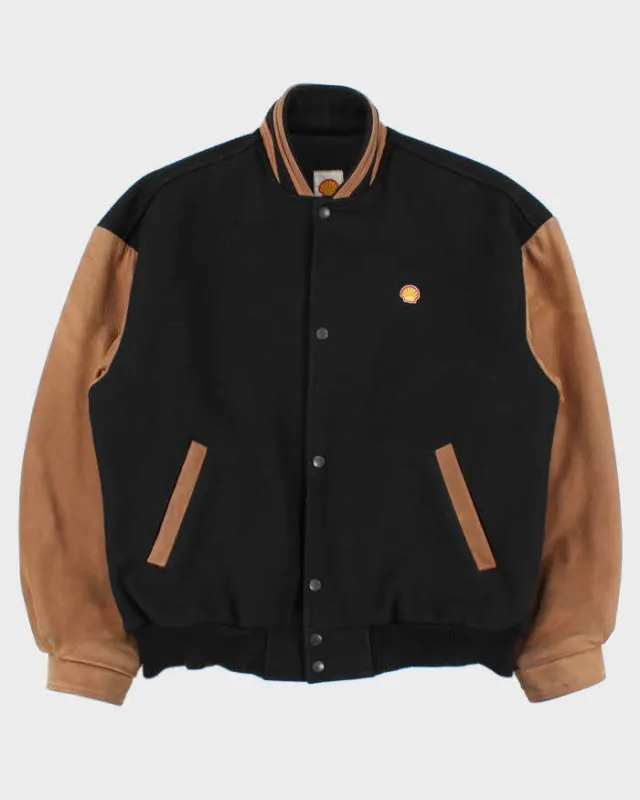 Vintage 1990s Shell Oil Wool Leather Varsity Bomber Jacket - L made by Rokit