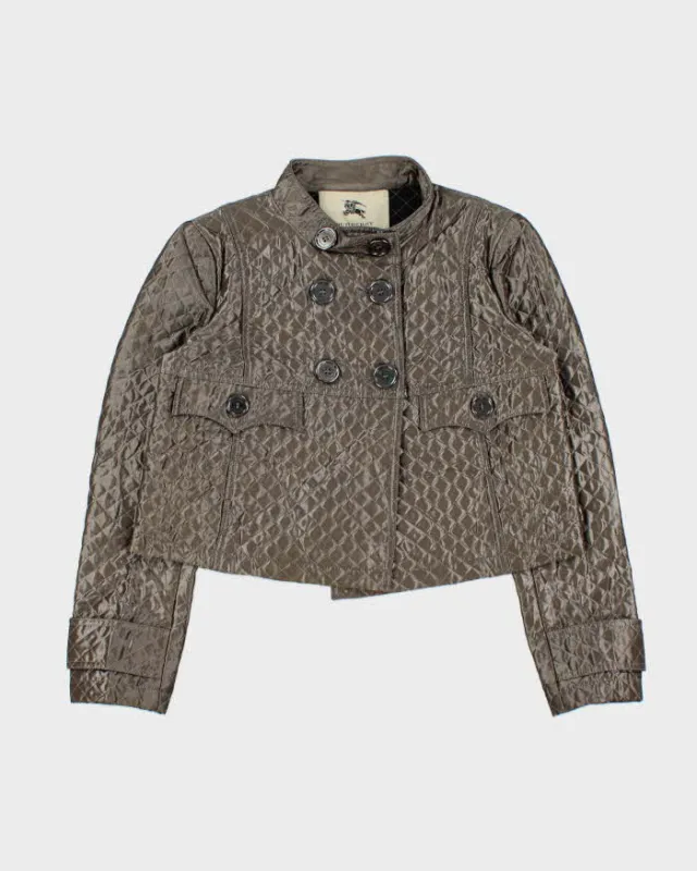 Vintage Burberry Women's Satin Quilted Cropped Pewter Jacket - S made by Burberry
