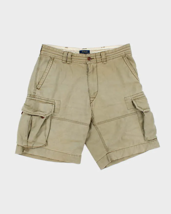 Vintage Polo Ralph Lauren Khaki Distressed Loose Fit Classic Canvas Chino Cargo Shorts - W34 sold by Rokit