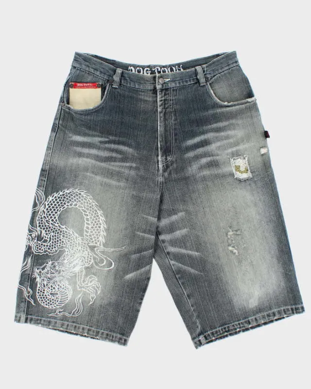 Vintage Y2K 00s Dog Town Black Dragon Japan Embroidered Baggy Fit Distressed Denim Shorts - W36 made by Rokit