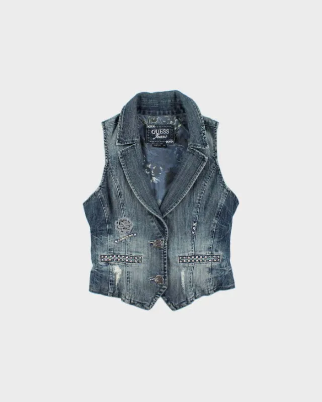 Vintage Y2K 00s Guess Jeans Women's Embroidered Embellished Denim Waistcoat Vest - M made by Guess