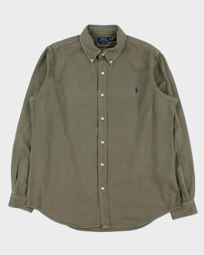 Vintage Polo Ralph Lauren Khaki Striped Custom Fit Long Sleeve Shirt - XL sold by Rokit