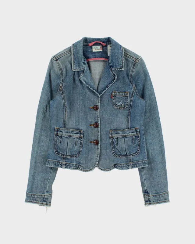 Vintage Y2K 00s Levi's Women's Embroidered Light Wash Cropped Denim Blazer - M made by Levi's
