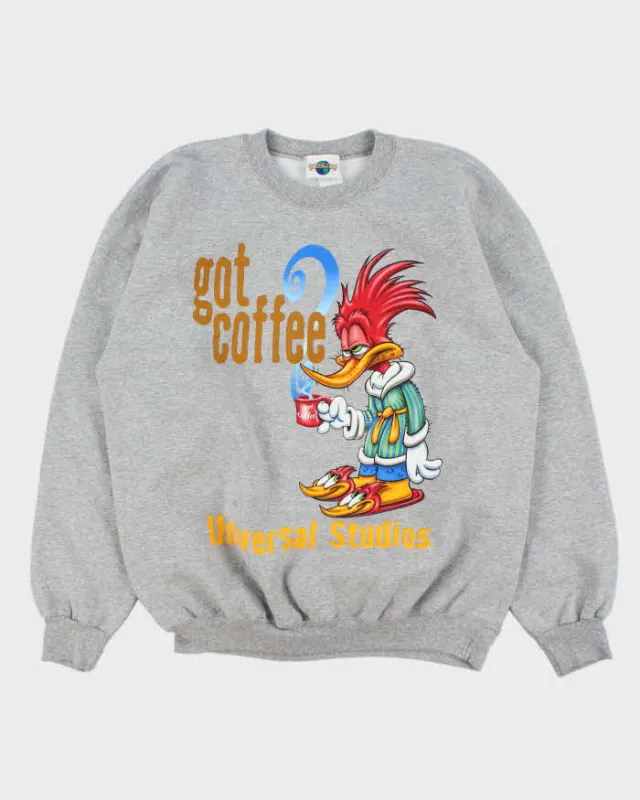 Vintage 1990s Universal Studios Woody The Woodpecker Marl Grey Crewneck Sweatshirt - L made by Rokit