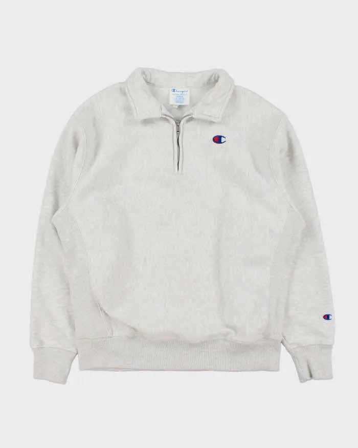 Vintage Champion Heavyweight Reverse Weave Grey Marl Collared Quarter-Zip Sweatshirt - M sold by Rokit